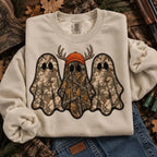 Retro Ghost Hunting Halloween Sweatshirt, Spooky Camo Graphic Pullover Vintage Ghost Hunter Crewneck Fall Fleece Top Cute Halloween Gift for Women