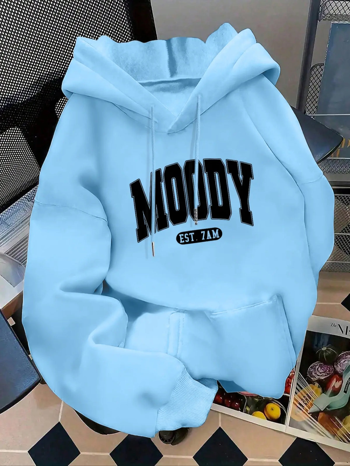 Women's Fashion Hoodie Moody Est 7amk Letter Print Kangaroo Pocket, Casual Long Sleeve Sweatshirt for Fall & Winter, Daily Wear, Casual Hooded Sweatshirts, Everyday