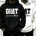 Men’s Stylish Black Hooded Sweatshirt (1 Piece) - Menswear Top, Goat-Inspired Letter Print, Plain Basics, Drop Shoulder Relaxed Fit, Drawstring Hood, Front Kangaroo Pocket, Soft Fabric, American Trend Long-Sleeve Pullover, Joggers Compatible