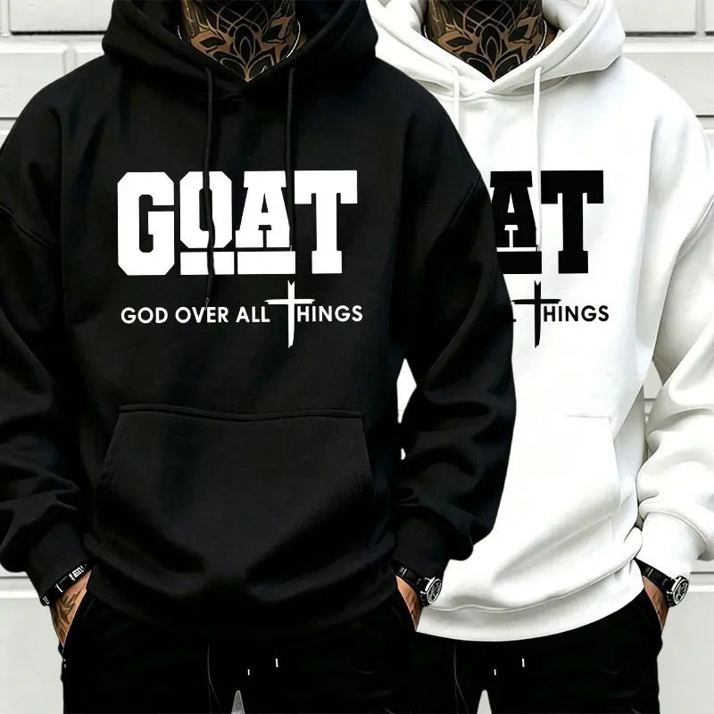 Men’s Stylish Black Hooded Sweatshirt (1 Piece) - Menswear Top, Goat-Inspired Letter Print, Plain Basics, Drop Shoulder Relaxed Fit, Drawstring Hood, Front Kangaroo Pocket, Soft Fabric, American Trend Long-Sleeve Pullover, Joggers Compatible