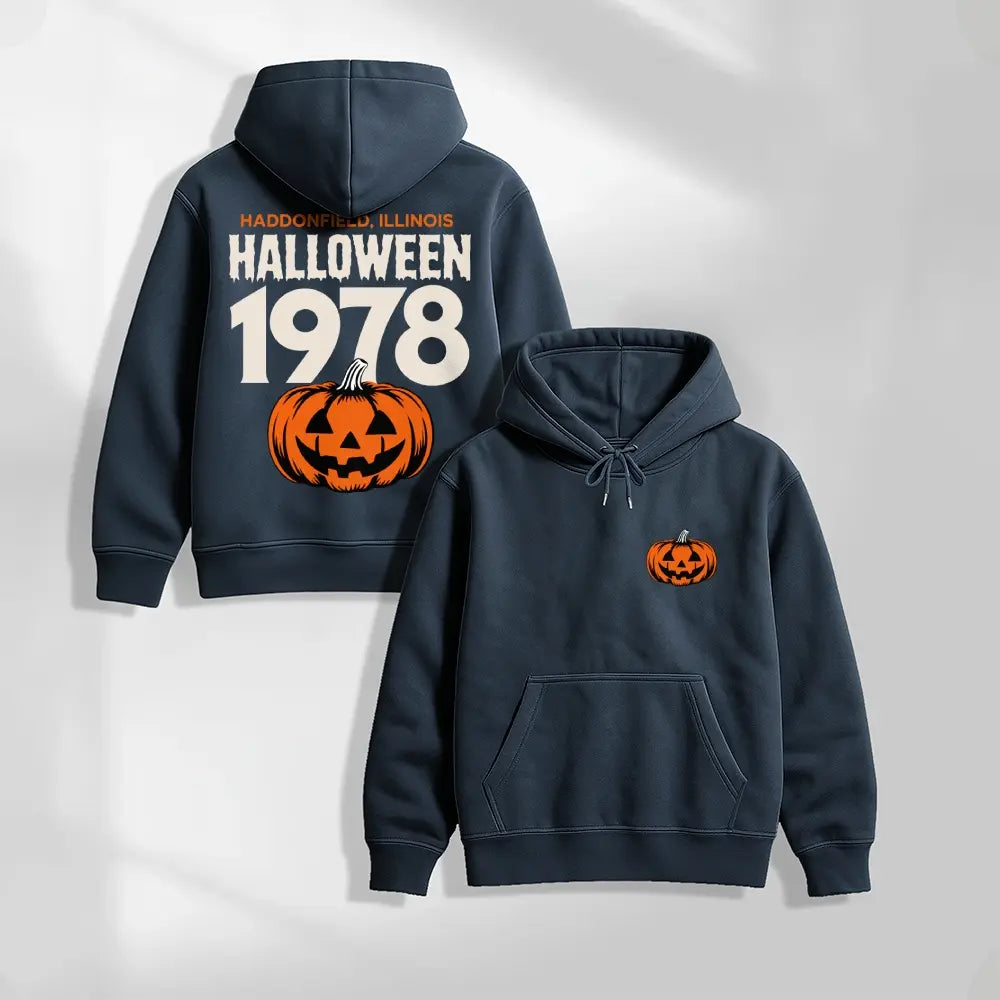 Unisex Vintage Halloween Pumpkin Graphic Hoodie, 1978 Spooky Front and Back Print Pullover Sweatshirt, Casual Oversized Long Sleeve Streetwear Hoodie for Halloween Party, Fall and Daily Wear