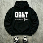Men’s Stylish Black Hooded Sweatshirt (1 Piece) - Menswear Top, Goat-Inspired Letter Print, Plain Basics, Drop Shoulder Relaxed Fit, Drawstring Hood, Front Kangaroo Pocket, Soft Fabric, American Trend Long-Sleeve Pullover, Joggers Compatible