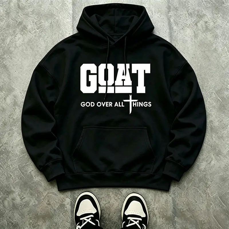 Men’s Stylish Black Hooded Sweatshirt (1 Piece) - Menswear Top, Goat-Inspired Letter Print, Plain Basics, Drop Shoulder Relaxed Fit, Drawstring Hood, Front Kangaroo Pocket, Soft Fabric, American Trend Long-Sleeve Pullover, Joggers Compatible