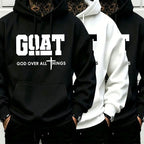 Men’s Stylish Black Hooded Sweatshirt (1 Piece) - Menswear Top, Goat-Inspired Letter Print, Plain Basics, Drop Shoulder Relaxed Fit, Drawstring Hood, Front Kangaroo Pocket, Soft Fabric, American Trend Long-Sleeve Pullover, Joggers Compatible