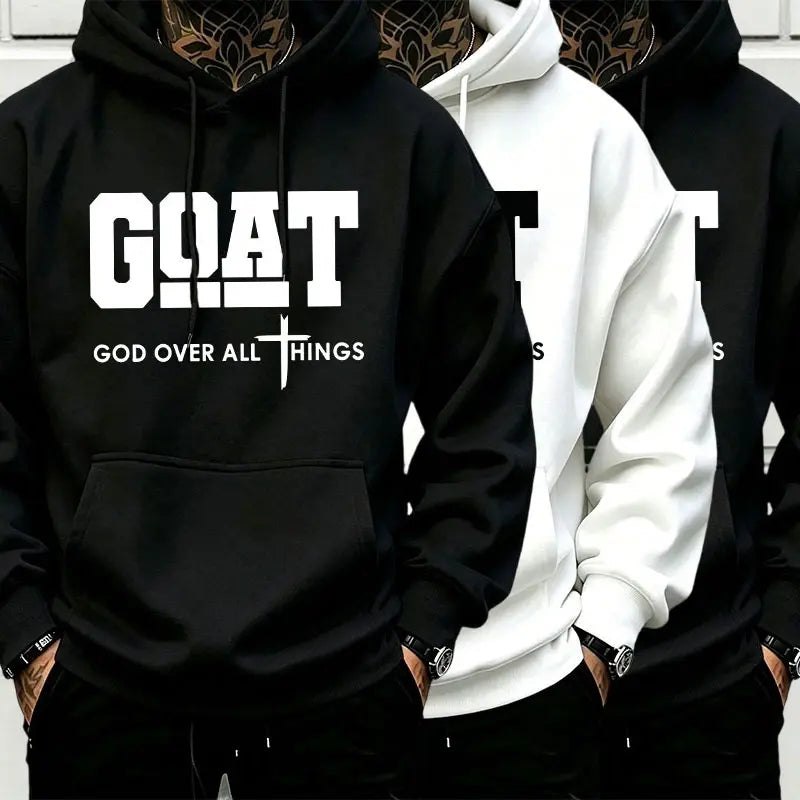 Men’s Stylish Black Hooded Sweatshirt (1 Piece) - Menswear Top, Goat-Inspired Letter Print, Plain Basics, Drop Shoulder Relaxed Fit, Drawstring Hood, Front Kangaroo Pocket, Soft Fabric, American Trend Long-Sleeve Pullover, Joggers Compatible