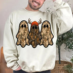 Retro Ghost Hunting Halloween Sweatshirt, Spooky Camo Graphic Pullover Vintage Ghost Hunter Crewneck Fall Fleece Top Cute Halloween Gift for Women