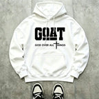 Men’s Stylish Black Hooded Sweatshirt (1 Piece) - Menswear Top, Goat-Inspired Letter Print, Plain Basics, Drop Shoulder Relaxed Fit, Drawstring Hood, Front Kangaroo Pocket, Soft Fabric, American Trend Long-Sleeve Pullover, Joggers Compatible