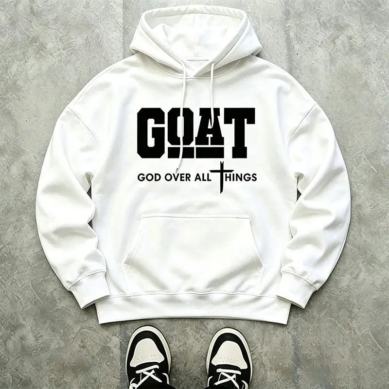 Men’s Stylish Black Hooded Sweatshirt (1 Piece) - Menswear Top, Goat-Inspired Letter Print, Plain Basics, Drop Shoulder Relaxed Fit, Drawstring Hood, Front Kangaroo Pocket, Soft Fabric, American Trend Long-Sleeve Pullover, Joggers Compatible