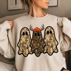 Retro Ghost Hunting Halloween Sweatshirt, Spooky Camo Graphic Pullover Vintage Ghost Hunter Crewneck Fall Fleece Top Cute Halloween Gift for Women