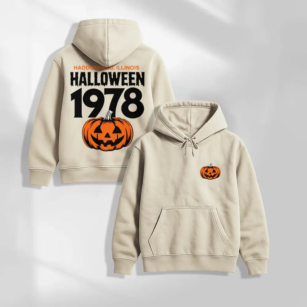 Unisex Vintage Halloween Pumpkin Graphic Hoodie, 1978 Spooky Front and Back Print Pullover Sweatshirt, Casual Oversized Long Sleeve Streetwear Hoodie for Halloween Party, Fall and Daily Wear
